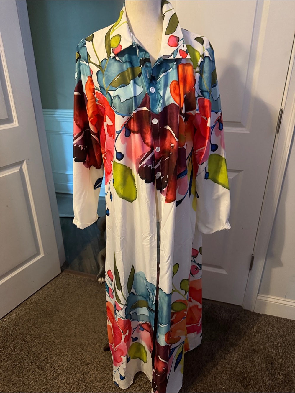 Floral Watercolor Long Button-Front Coat in White
